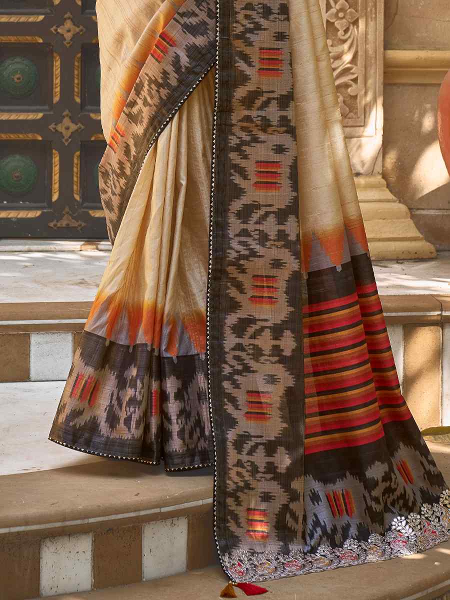 Beige Bhagalpuri Silk Handwoven Festival Casual Heavy Border Saree