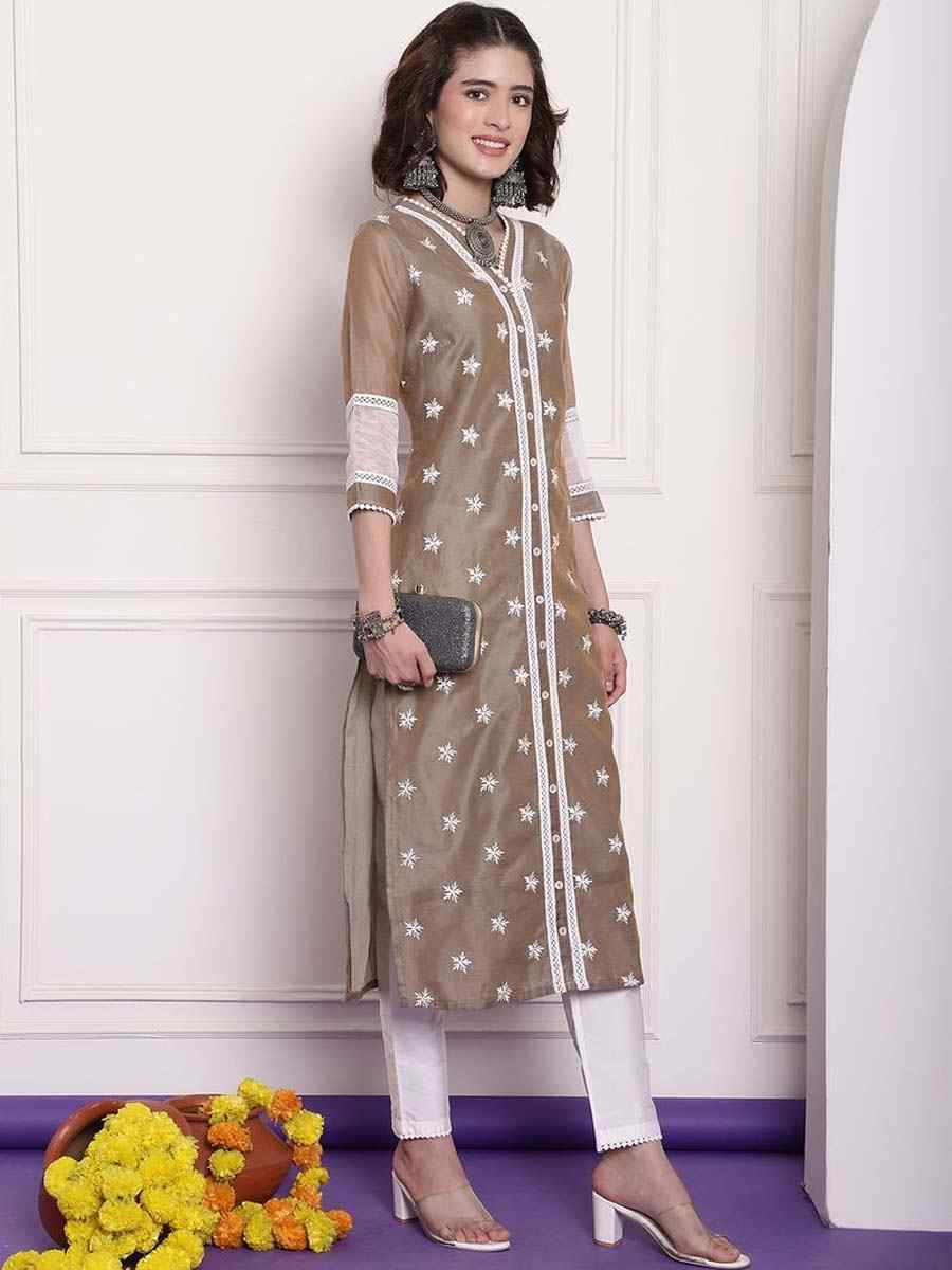 Beige Chanderi Embroidered Festival Casual Kurti