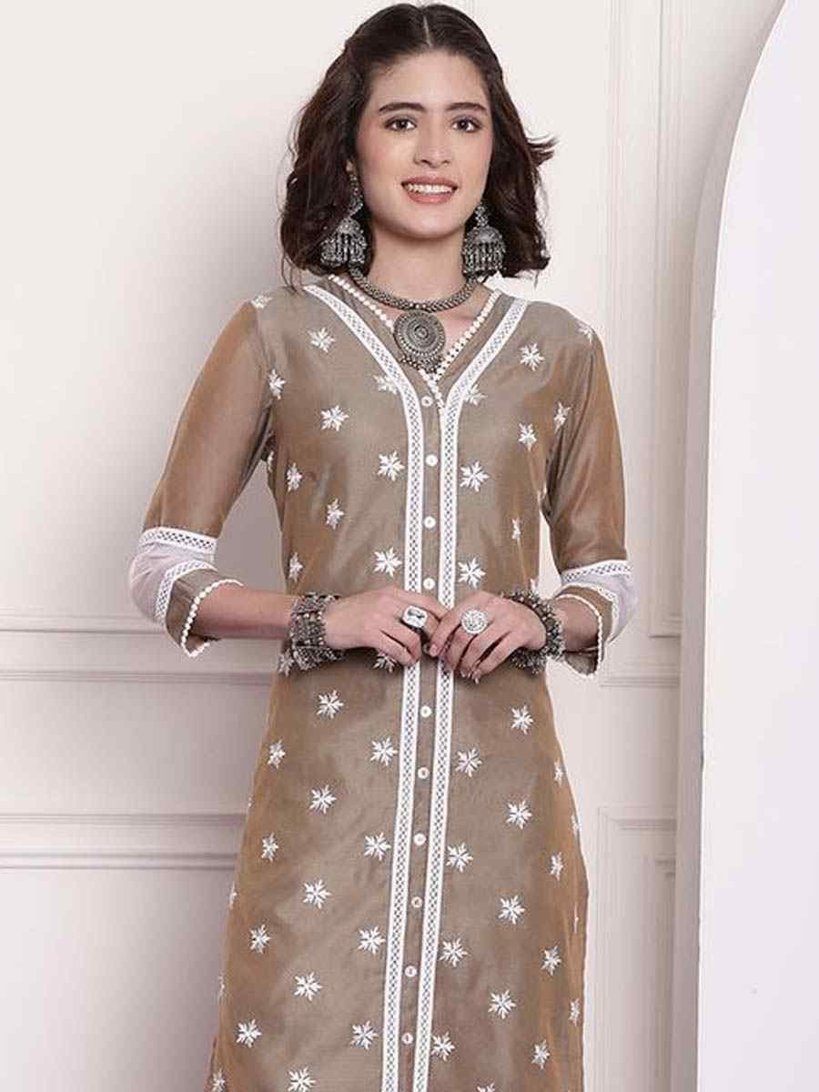 Beige Chanderi Embroidered Festival Casual Kurti