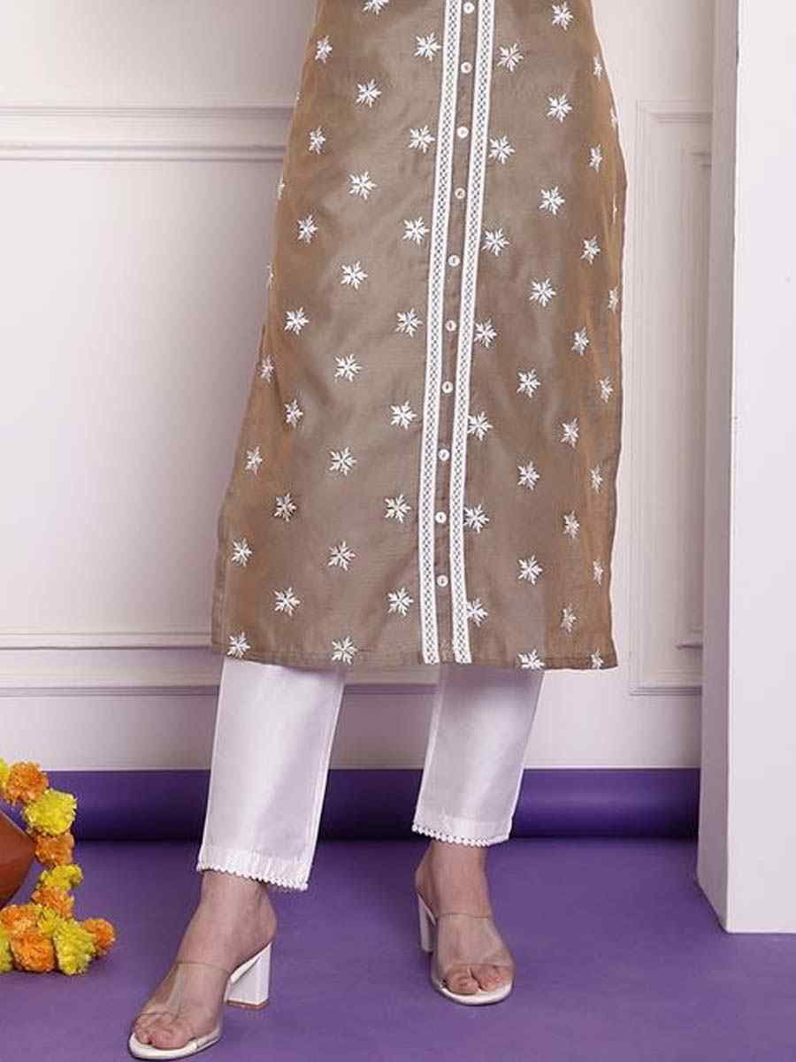 Beige Chanderi Embroidered Festival Casual Kurti