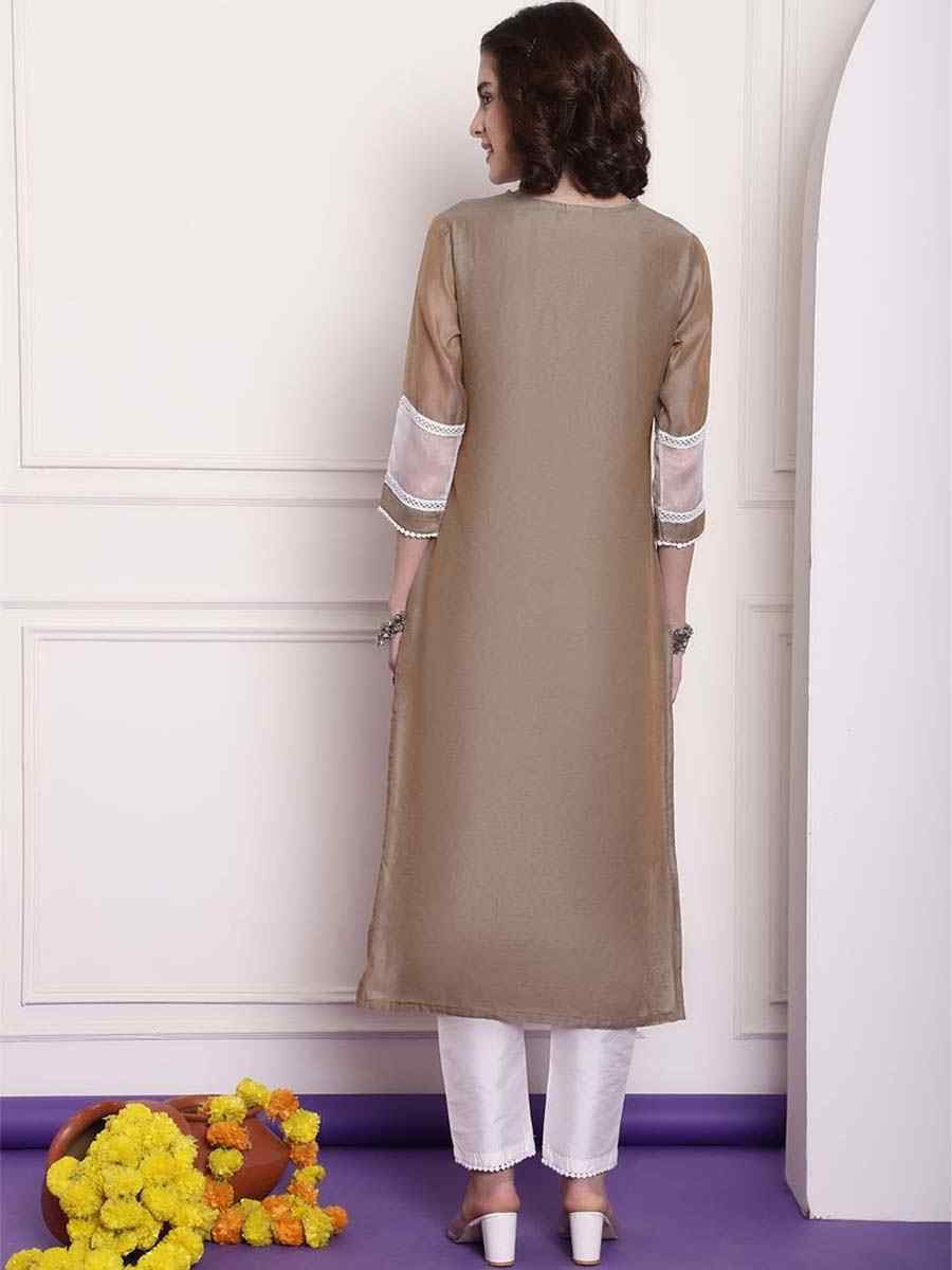 Beige Chanderi Embroidered Festival Casual Kurti