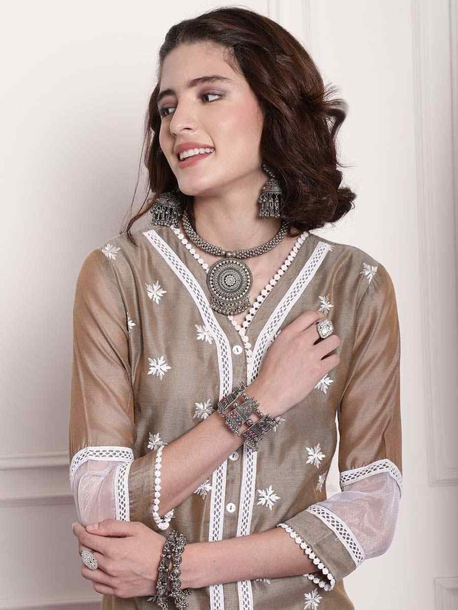 Beige Chanderi Embroidered Festival Casual Kurti