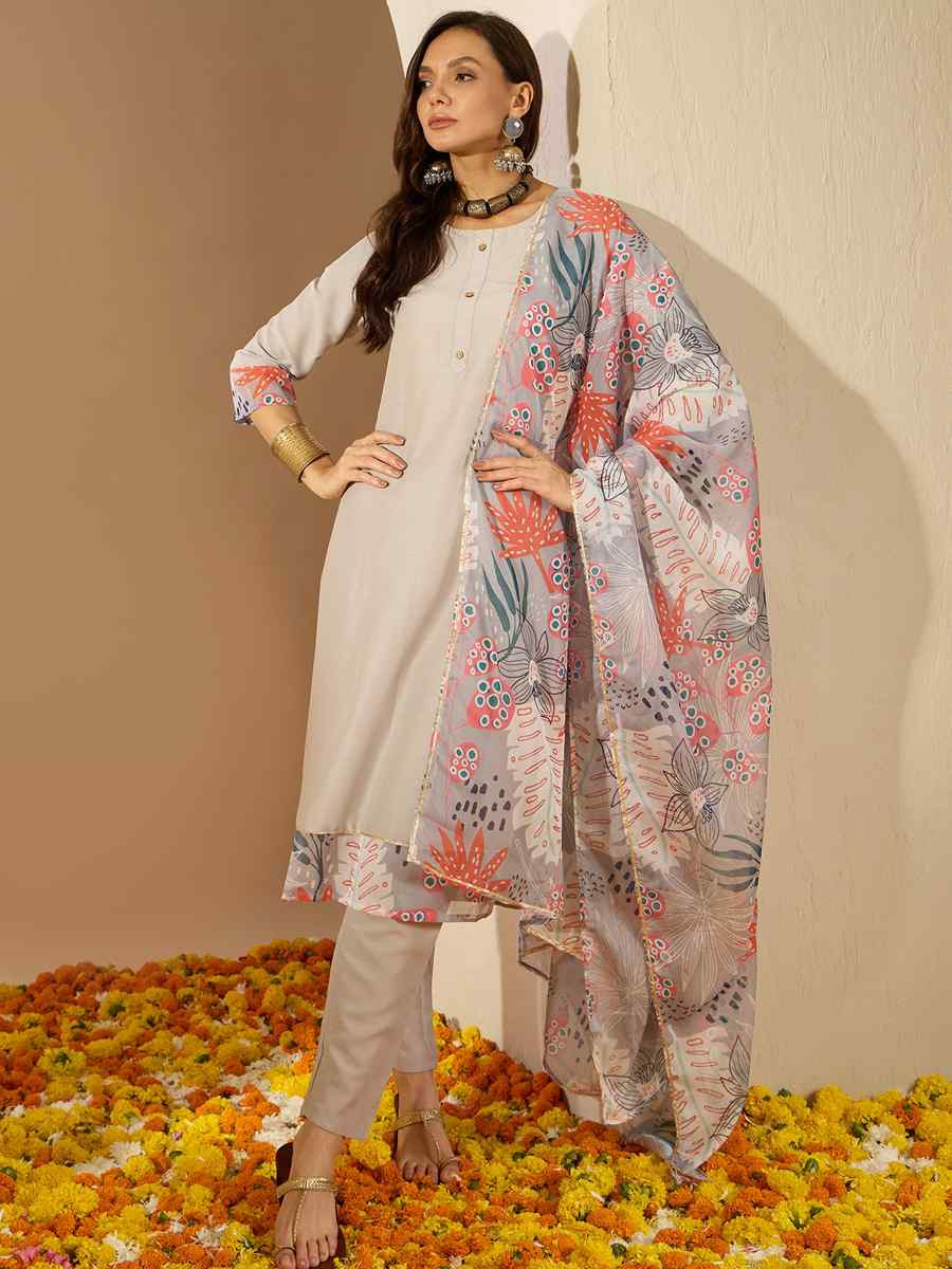 Beige Chinon Printed Casual Festival Ready Pant Salwar Kameez