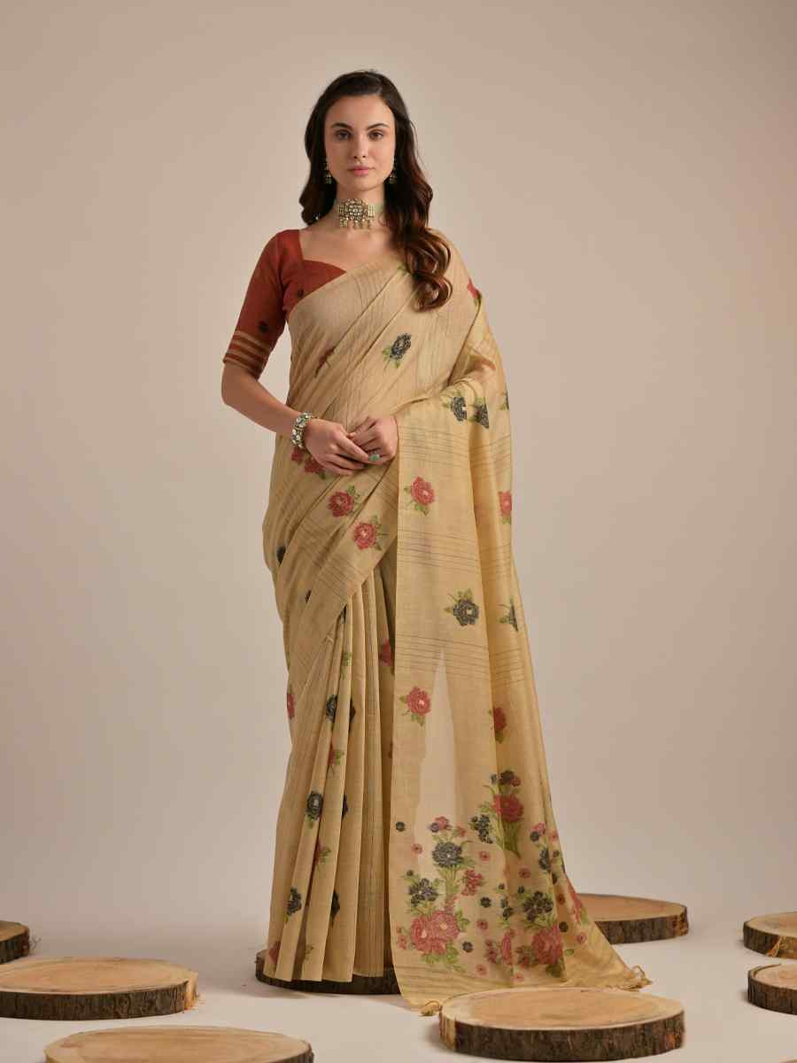 Beige Cotton Handwoven Festival Casual Classic Style Saree