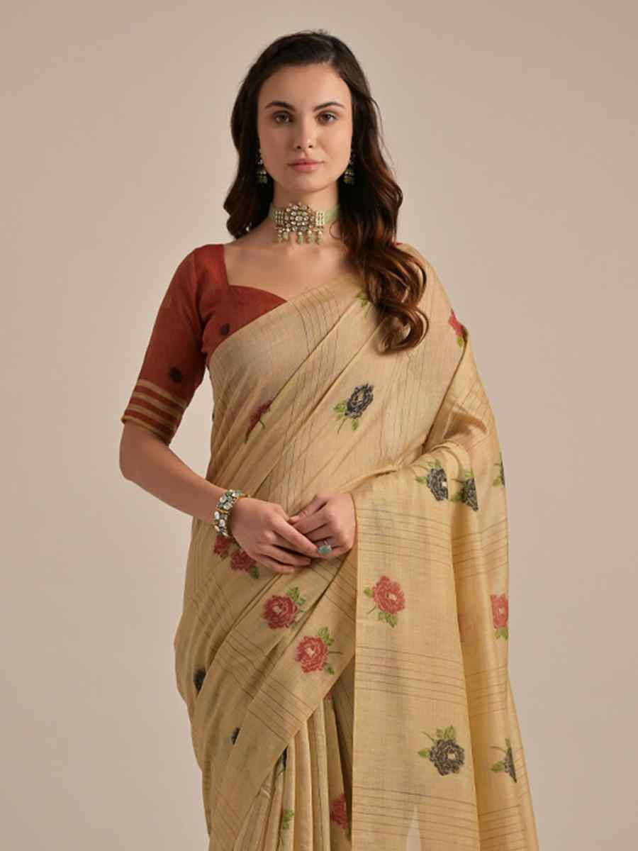 Beige Cotton Handwoven Festival Casual Classic Style Saree