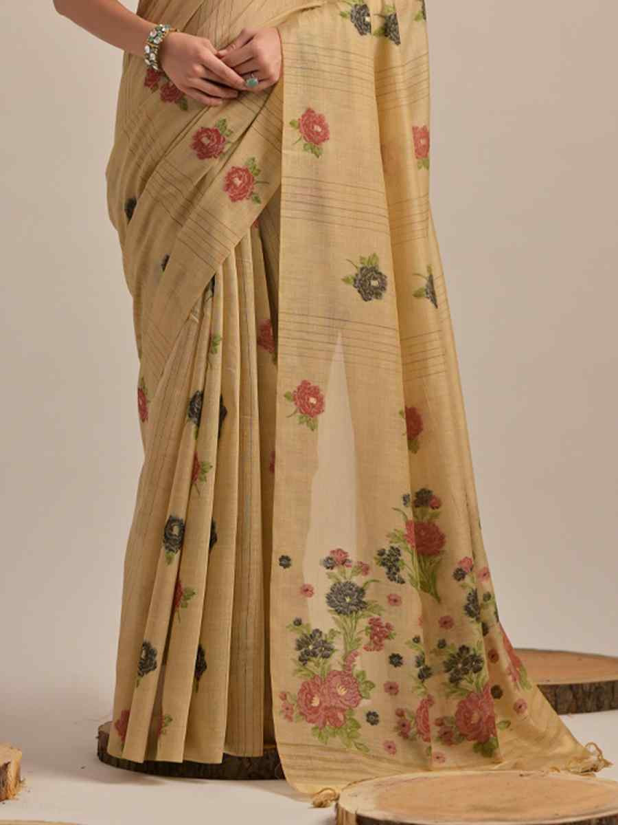 Beige Cotton Handwoven Festival Casual Classic Style Saree