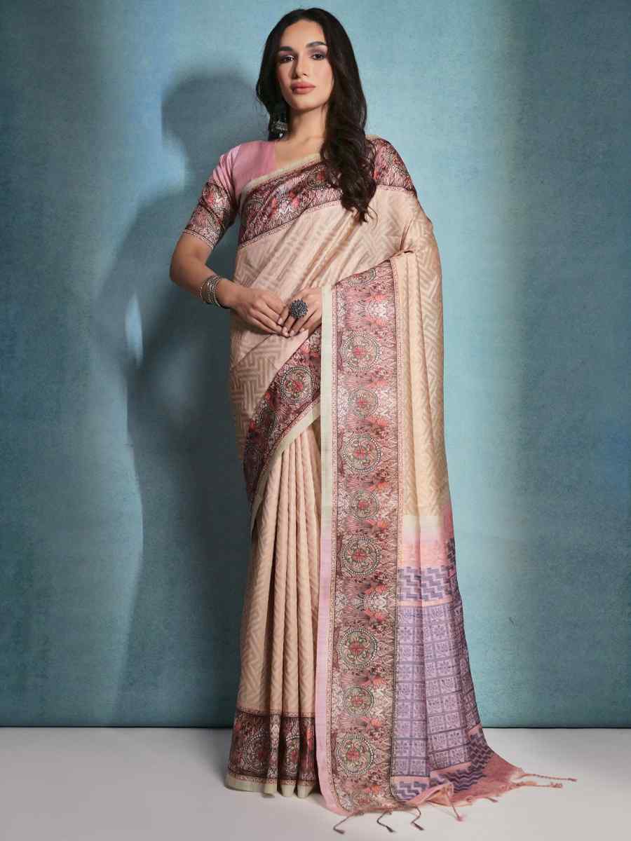 Beige Cotton Silk Handwoven Festival Wedding Heavy Border Saree