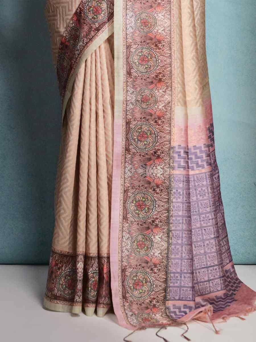 Beige Cotton Silk Handwoven Festival Wedding Heavy Border Saree