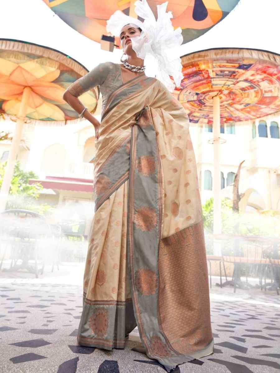 Beige Cotton Silk Handwoven Festival Wedding Heavy Border Saree