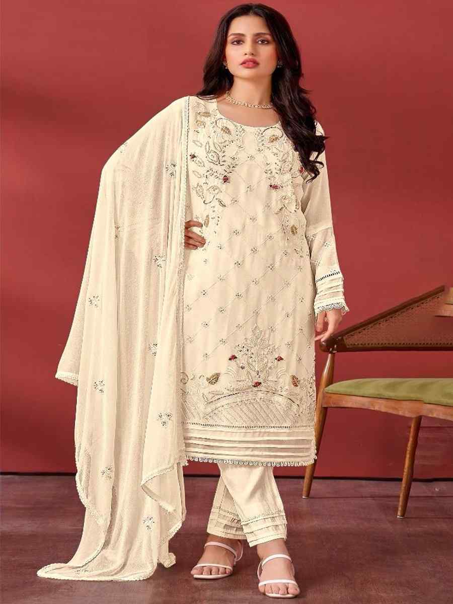 Beige Faux Georgette Embroidered Festival Casual Pant Salwar Kameez