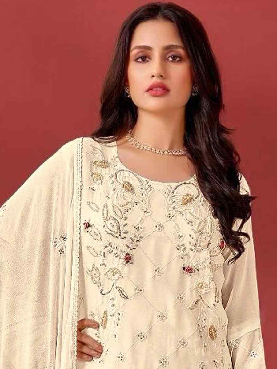 Beige Faux Georgette Embroidered Festival Casual Pant Salwar Kameez