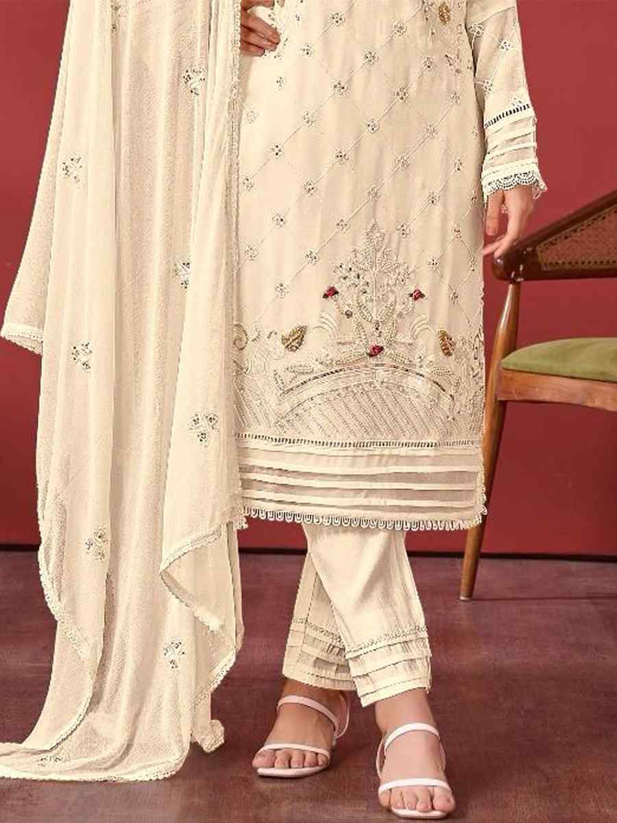 Beige Faux Georgette Embroidered Festival Casual Pant Salwar Kameez