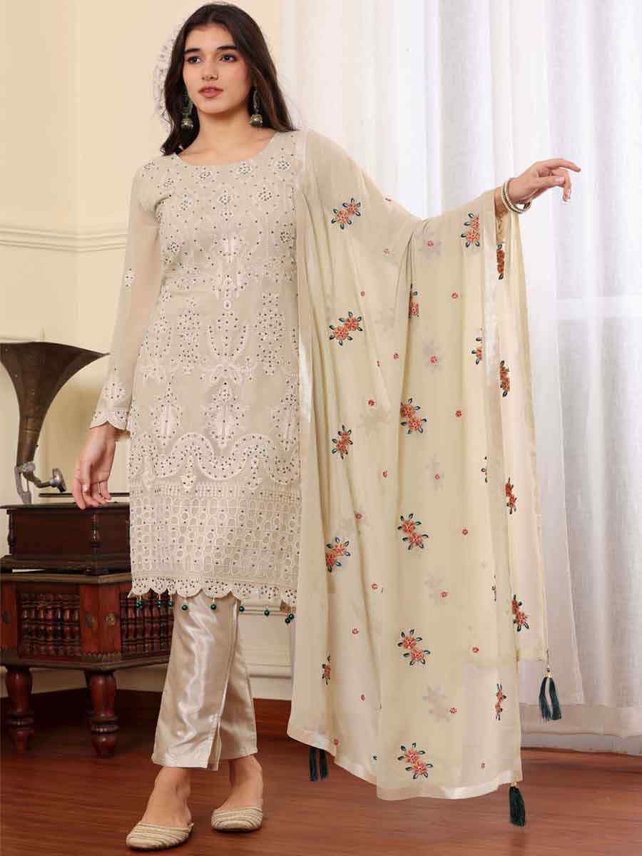 Beige Georgette Embroidered Festival Casual Pant Salwar Kameez