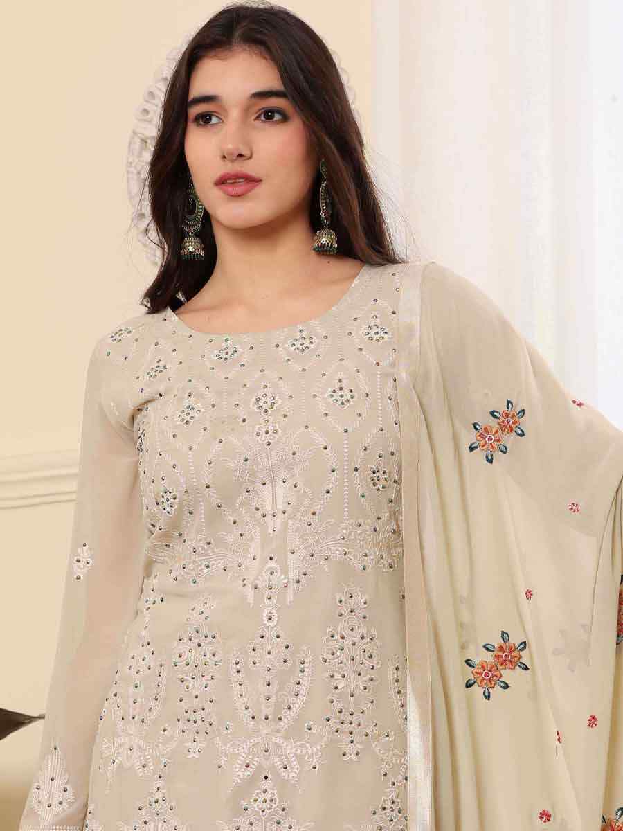 Beige Georgette Embroidered Festival Casual Pant Salwar Kameez