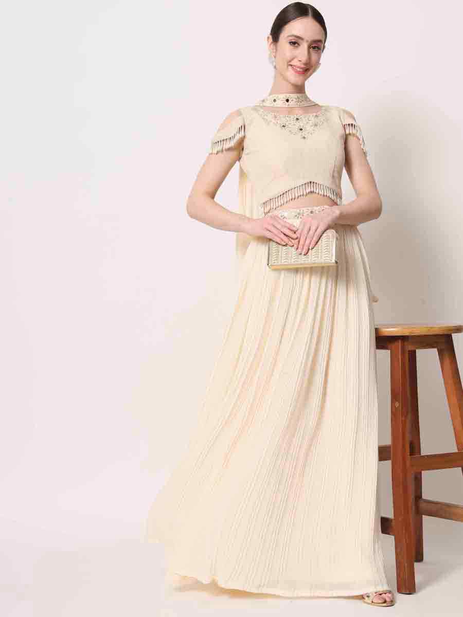 Beige Georgette Embroidered Festival Party Wear Circular Lehenga Choli