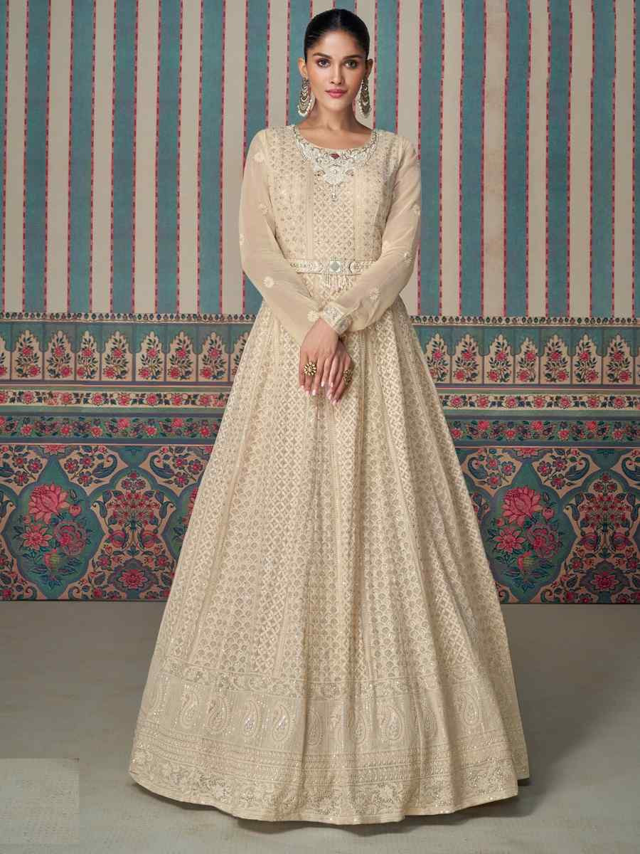 Beige Georgette Embroidered Festival Wedding Anarkali Salwar Kameez