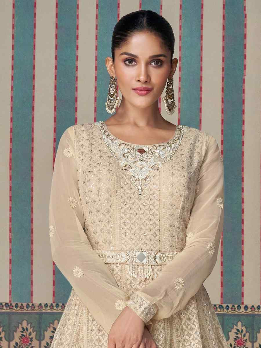 Beige Georgette Embroidered Festival Wedding Anarkali Salwar Kameez