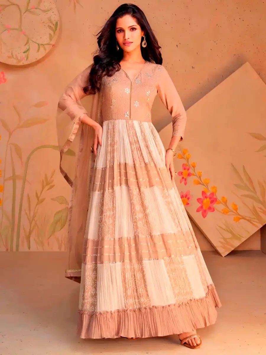 Beige Georgette Embroidered Festival Wedding Anarkali Salwar Kameez