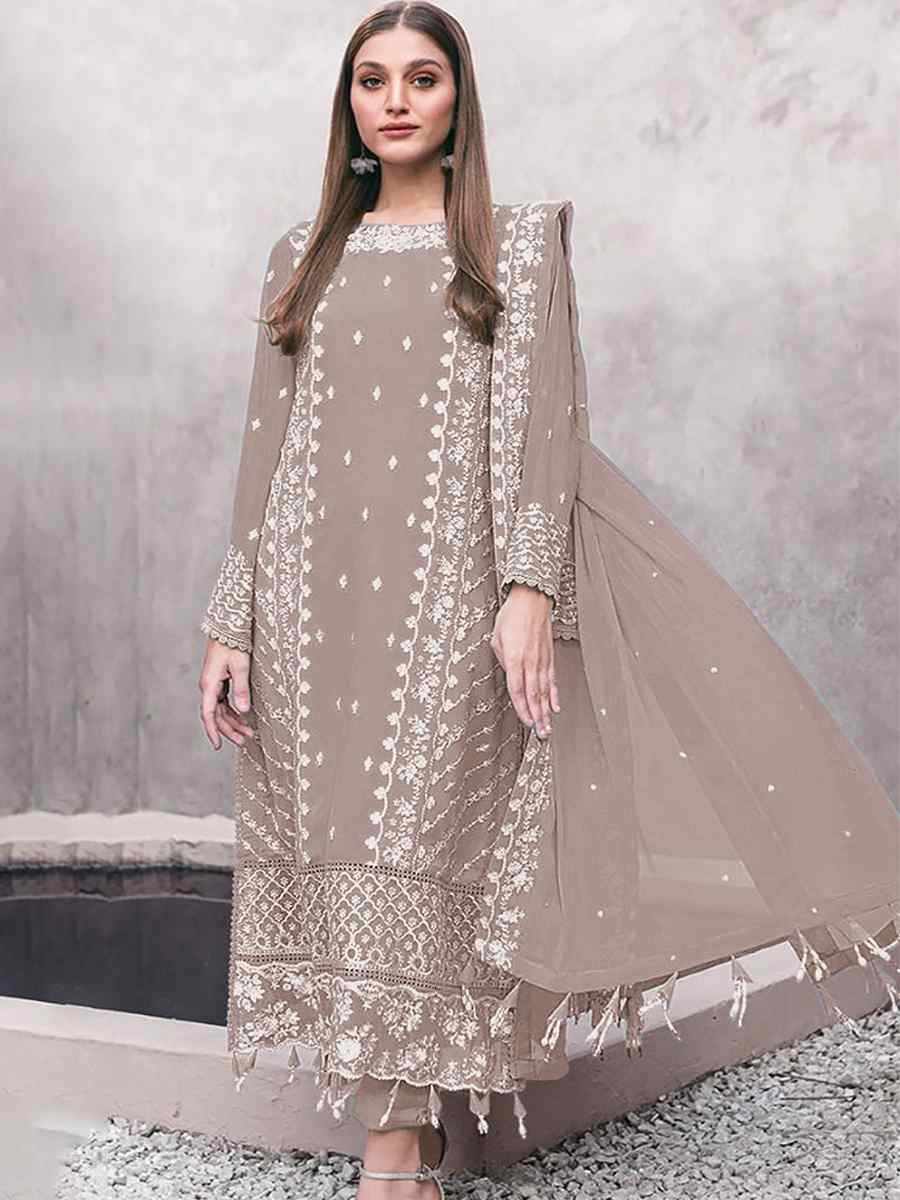 Beige Georgette Embroidered Festival Wedding Pant Salwar Kameez