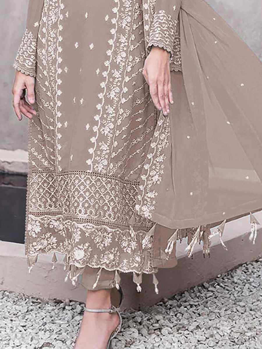 Beige Georgette Embroidered Festival Wedding Pant Salwar Kameez