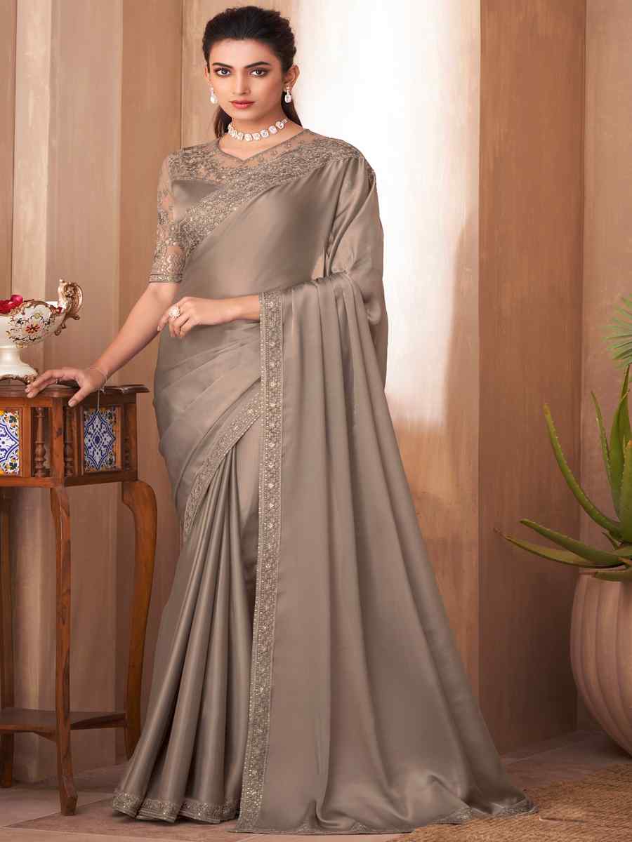 Beige Glass Silk Embroidered Party Reception Heavy Border Saree