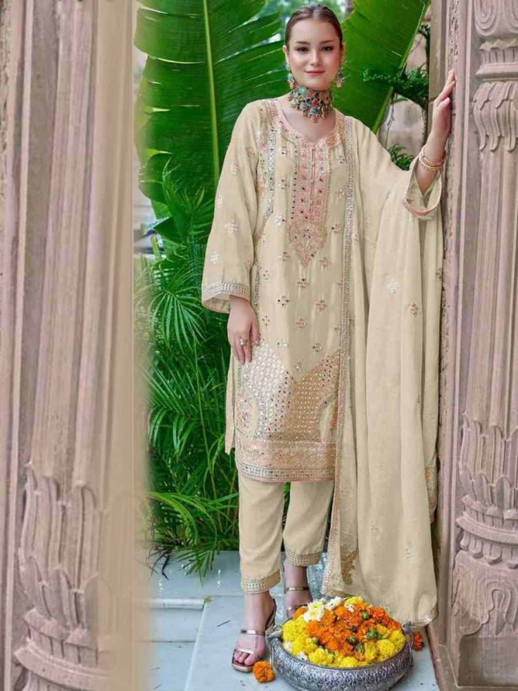 Beige Heavy Chinon Silk Embroidered Festival Casual Pant Salwar Kameez