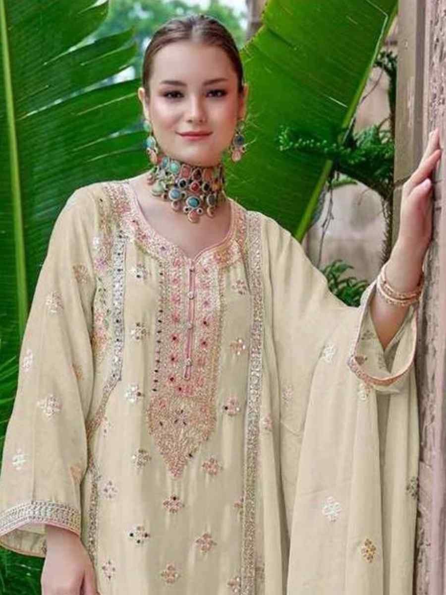 Beige Heavy Chinon Silk Embroidered Festival Casual Pant Salwar Kameez