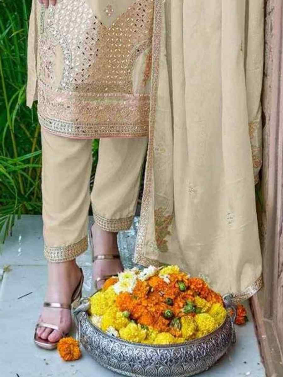 Beige Heavy Chinon Silk Embroidered Festival Casual Pant Salwar Kameez