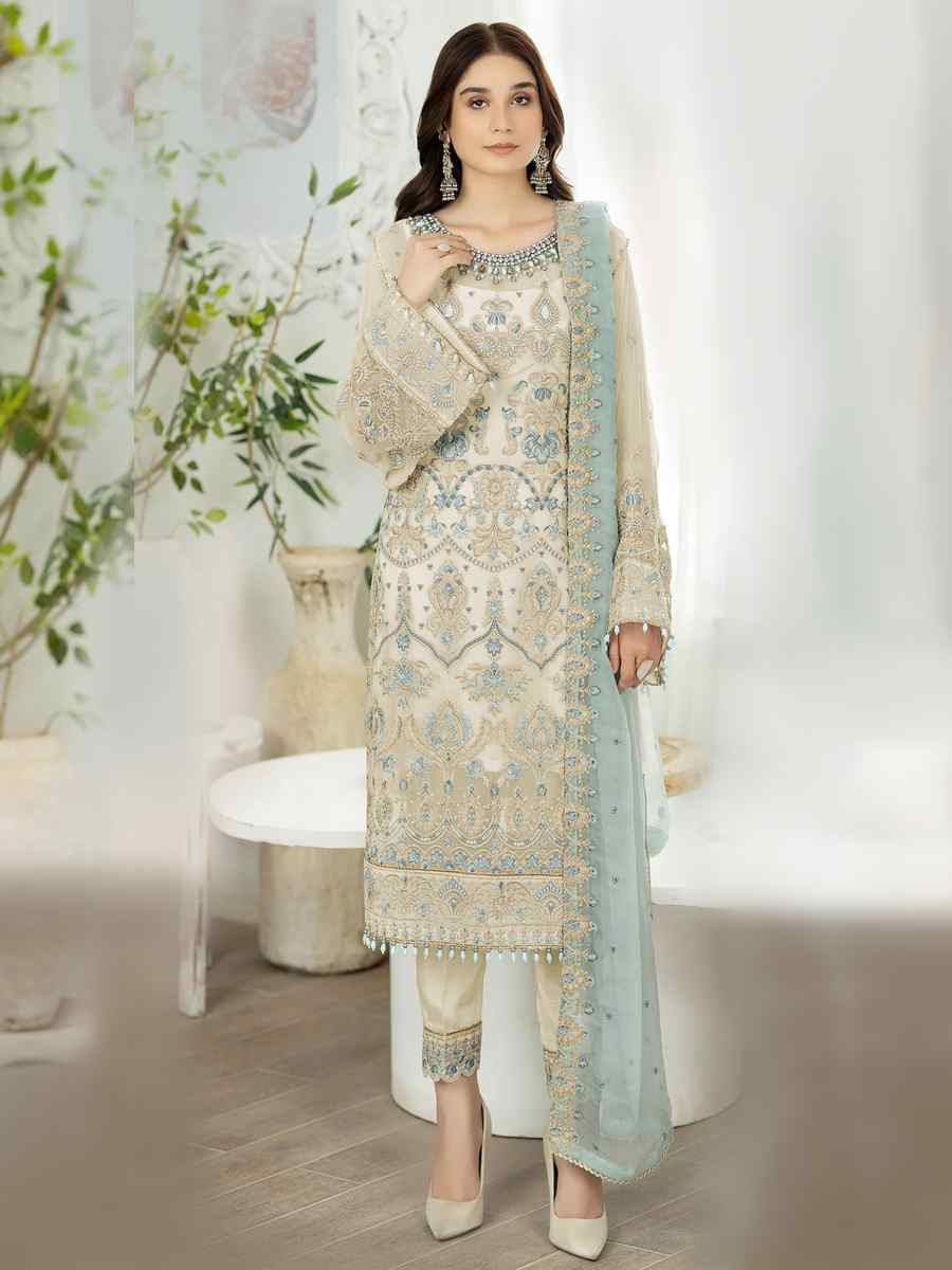 Beige Heavy Faux Georgette Embroidered Festival Wedding Pant Salwar Kameez