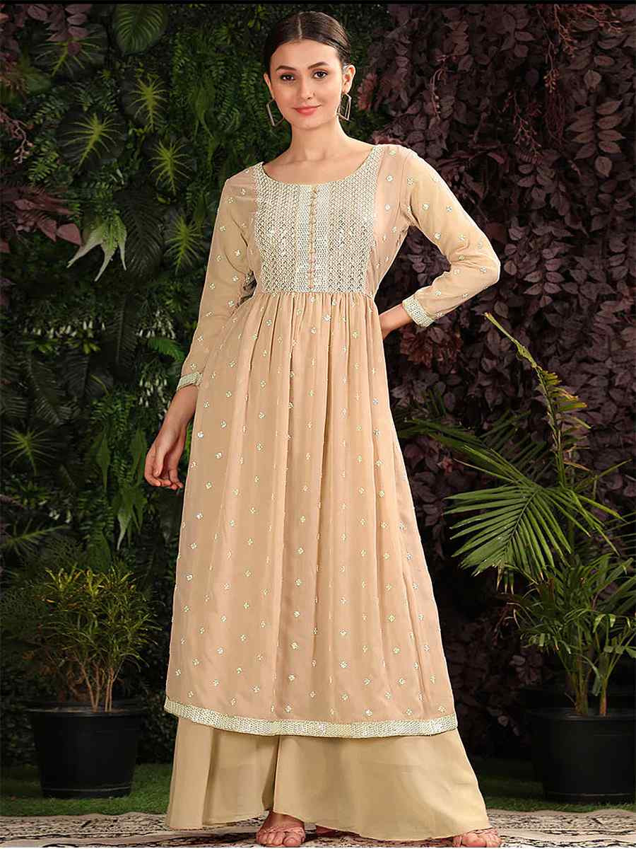 Beige Heavy Georgette Embroidered Festival Casual Ready Anarkali Salwar Kameez