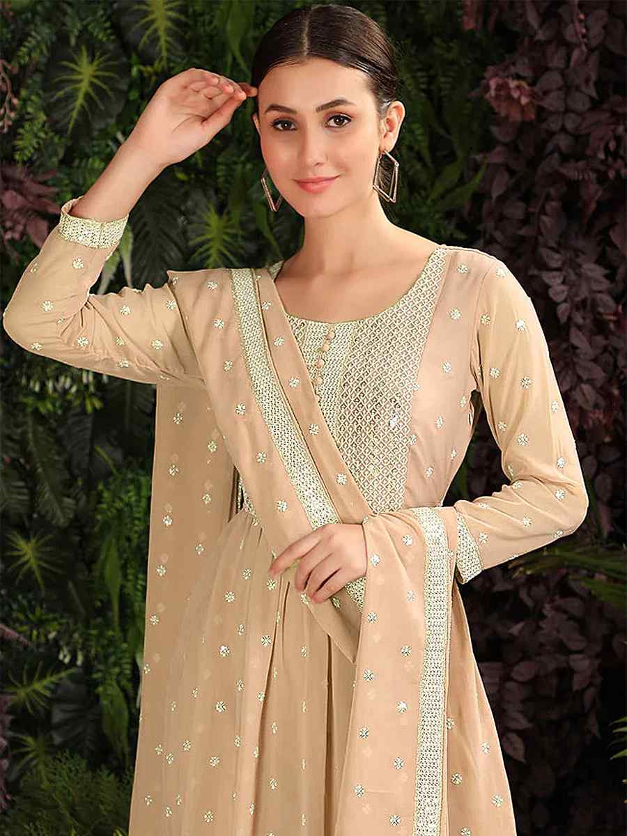 Beige Heavy Georgette Embroidered Festival Casual Ready Anarkali Salwar Kameez