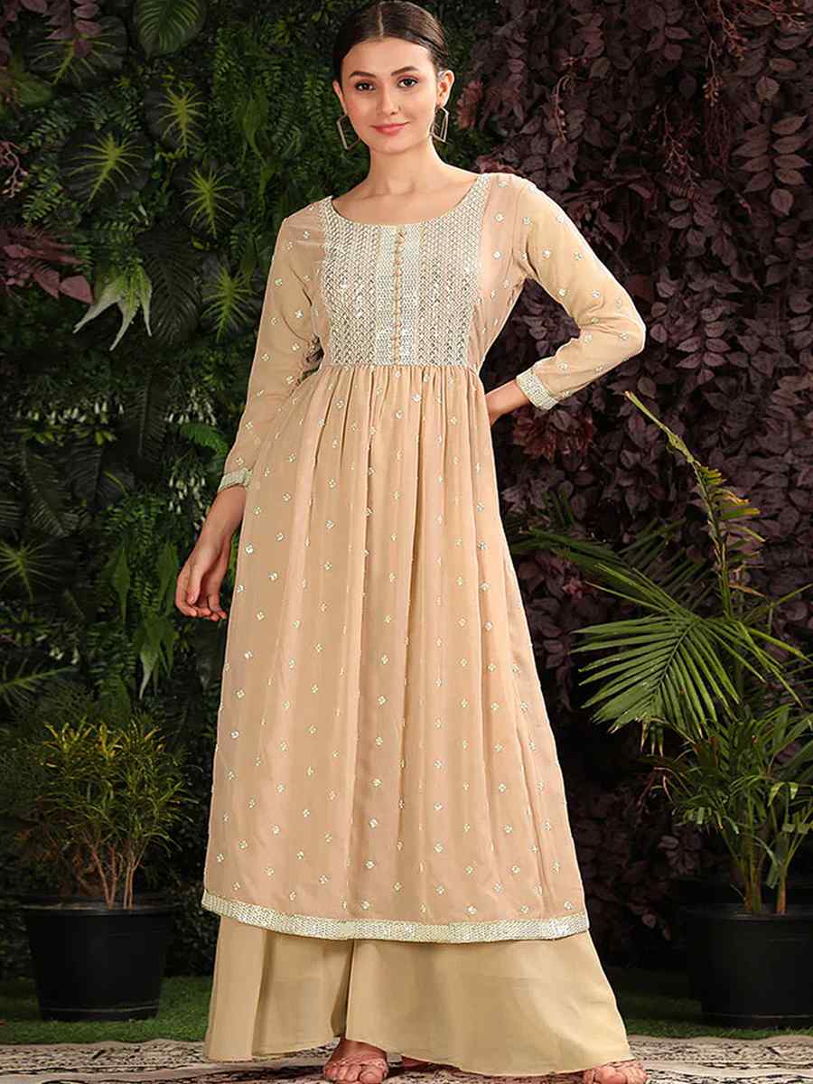 Beige Heavy Georgette Embroidered Festival Mehendi Ready Palazzo Pant Salwar Kameez