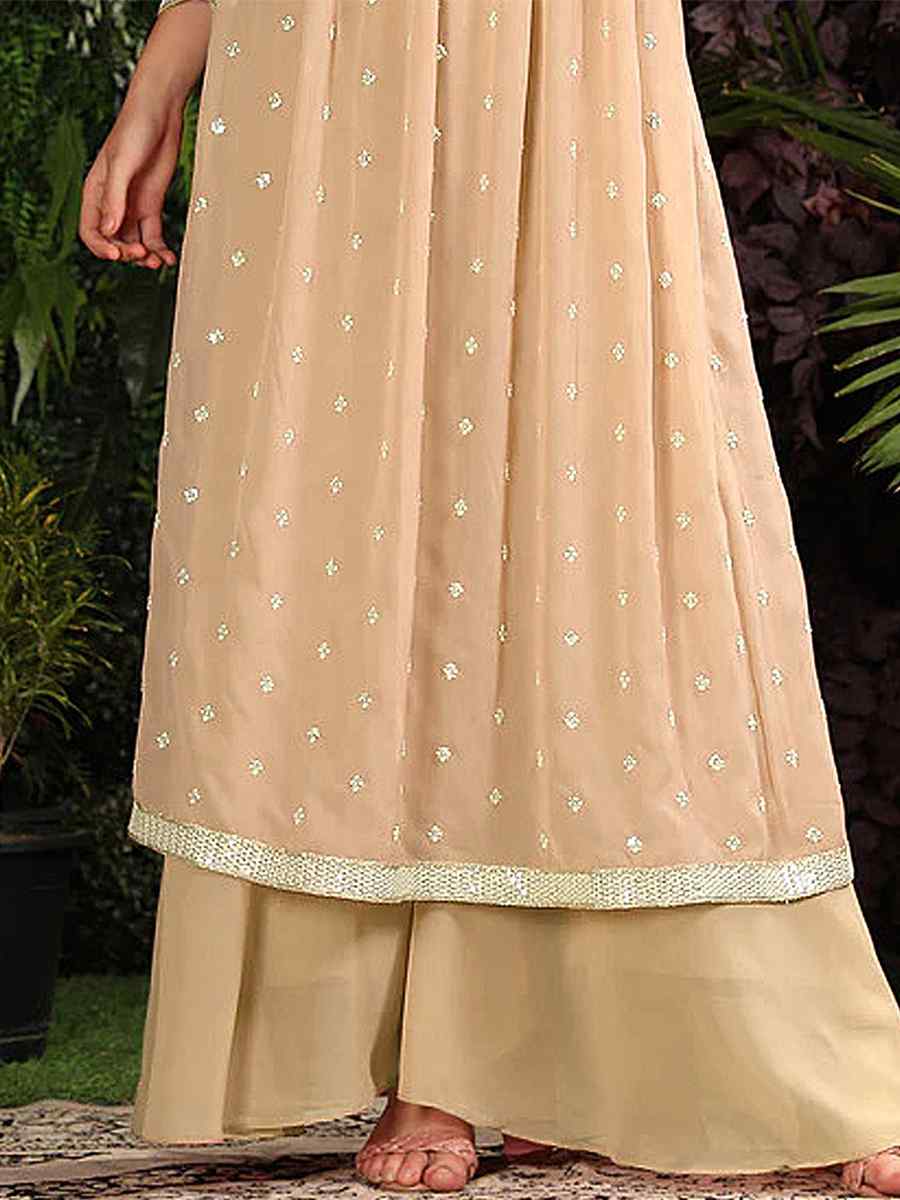 Beige Heavy Georgette Embroidered Festival Mehendi Ready Palazzo Pant Salwar Kameez