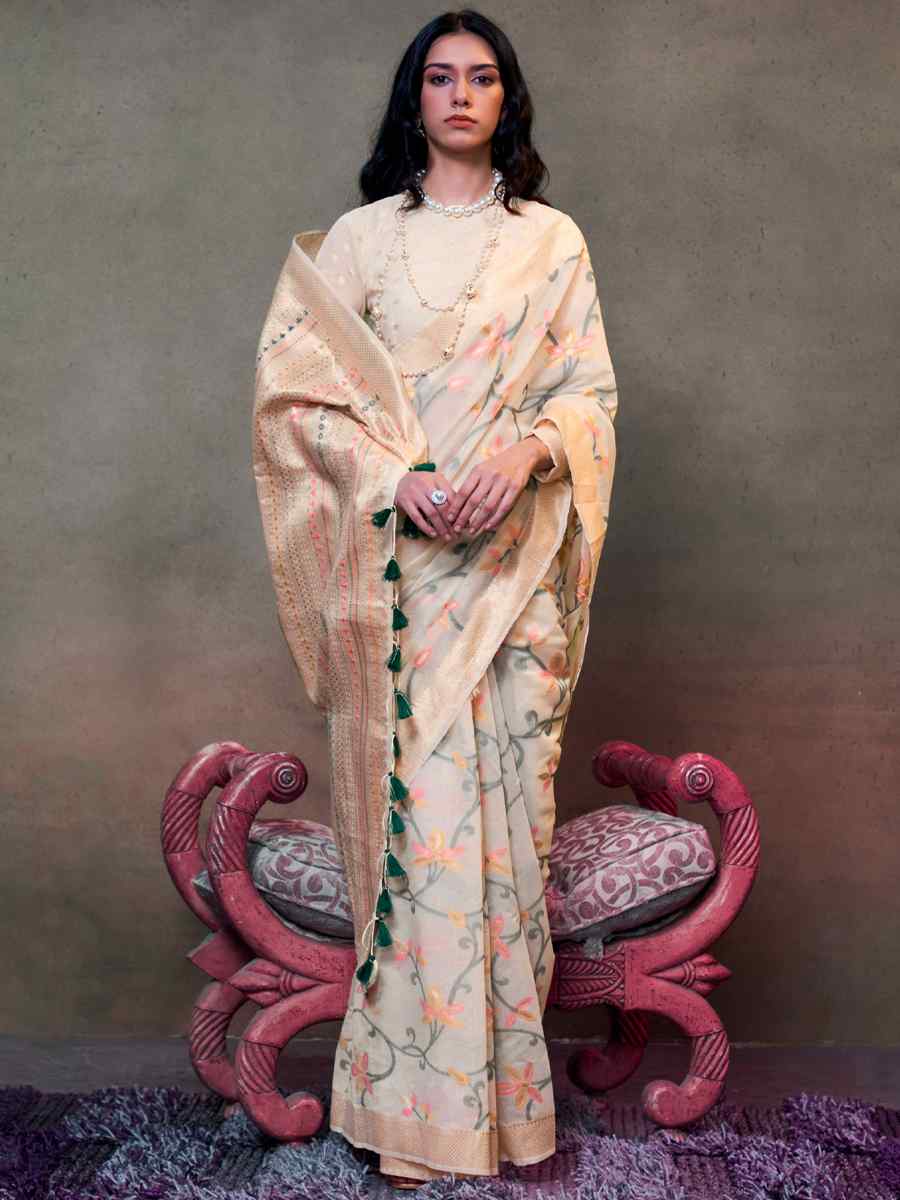 Beige Malmal Cotton Handwoven Wedding Festival Heavy Border Saree