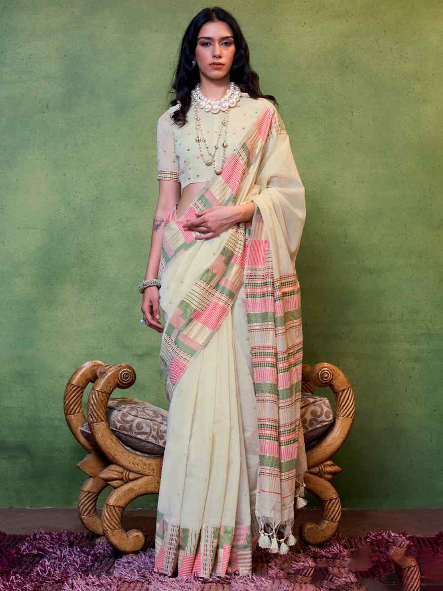 Beige Malmal Cotton Handwoven Wedding Festival Heavy Border Saree