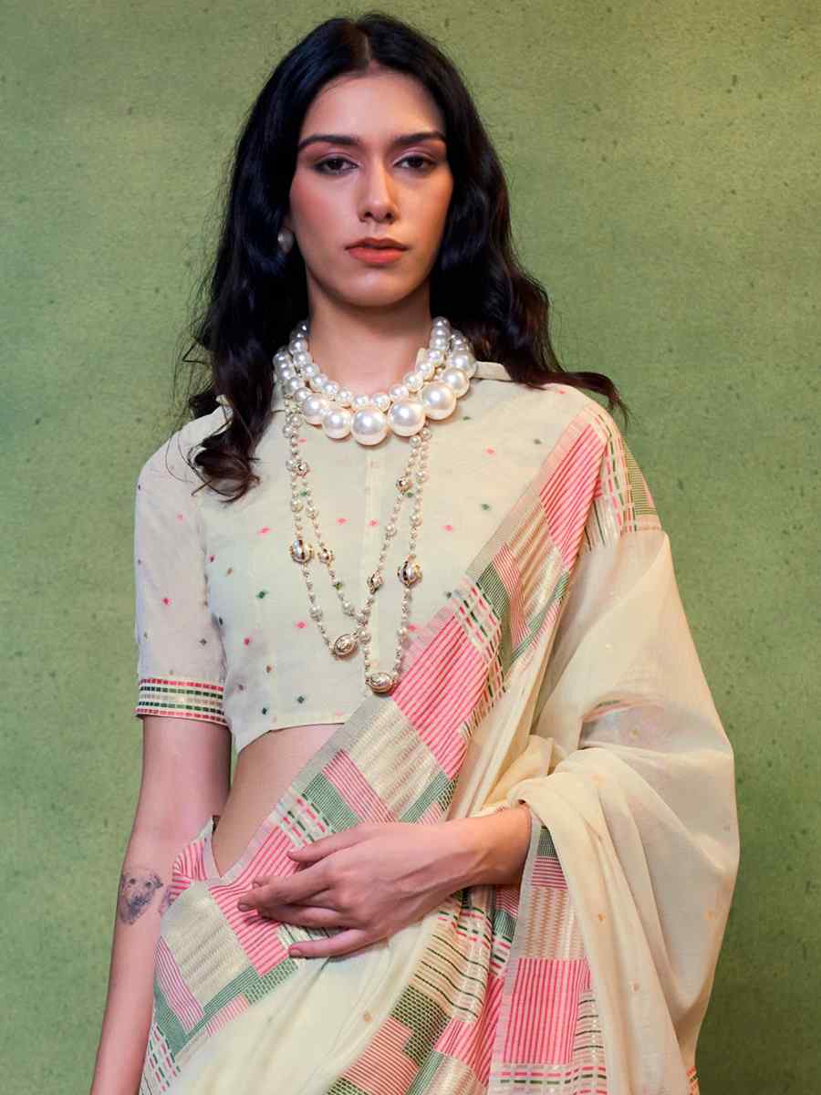 Beige Malmal Cotton Handwoven Wedding Festival Heavy Border Saree