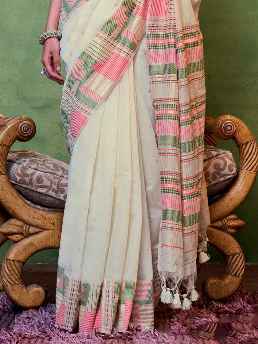 Beige Malmal Cotton Handwoven Wedding Festival Heavy Border Saree