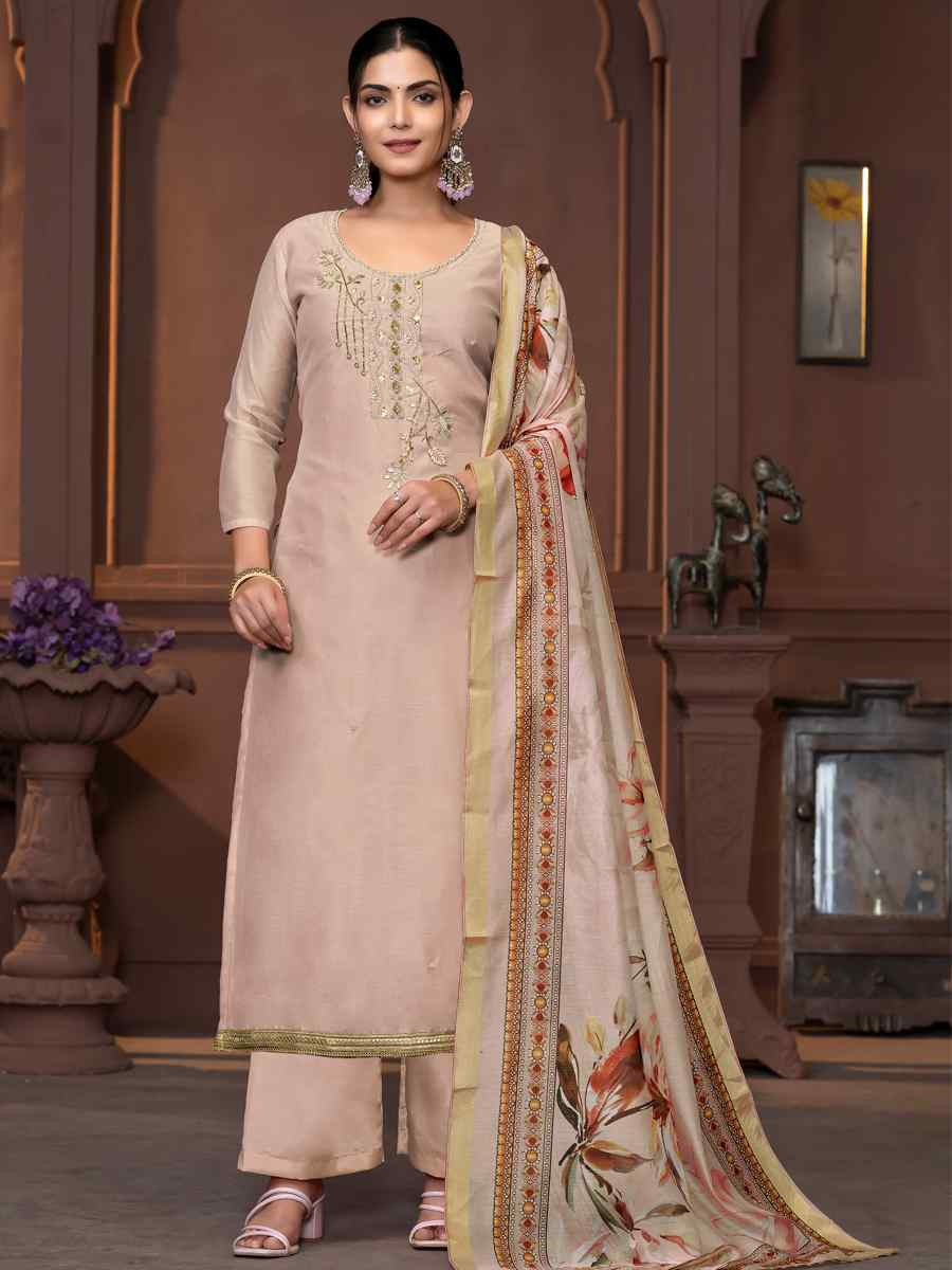 Beige Modal Cotton Embroidered Casual Festival Pant Salwar Kameez