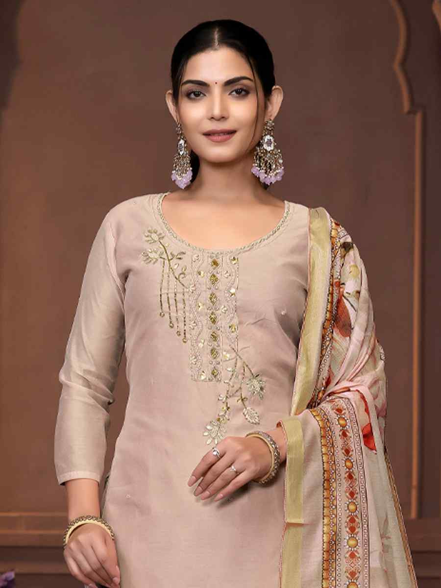 Beige Modal Cotton Embroidered Casual Festival Pant Salwar Kameez