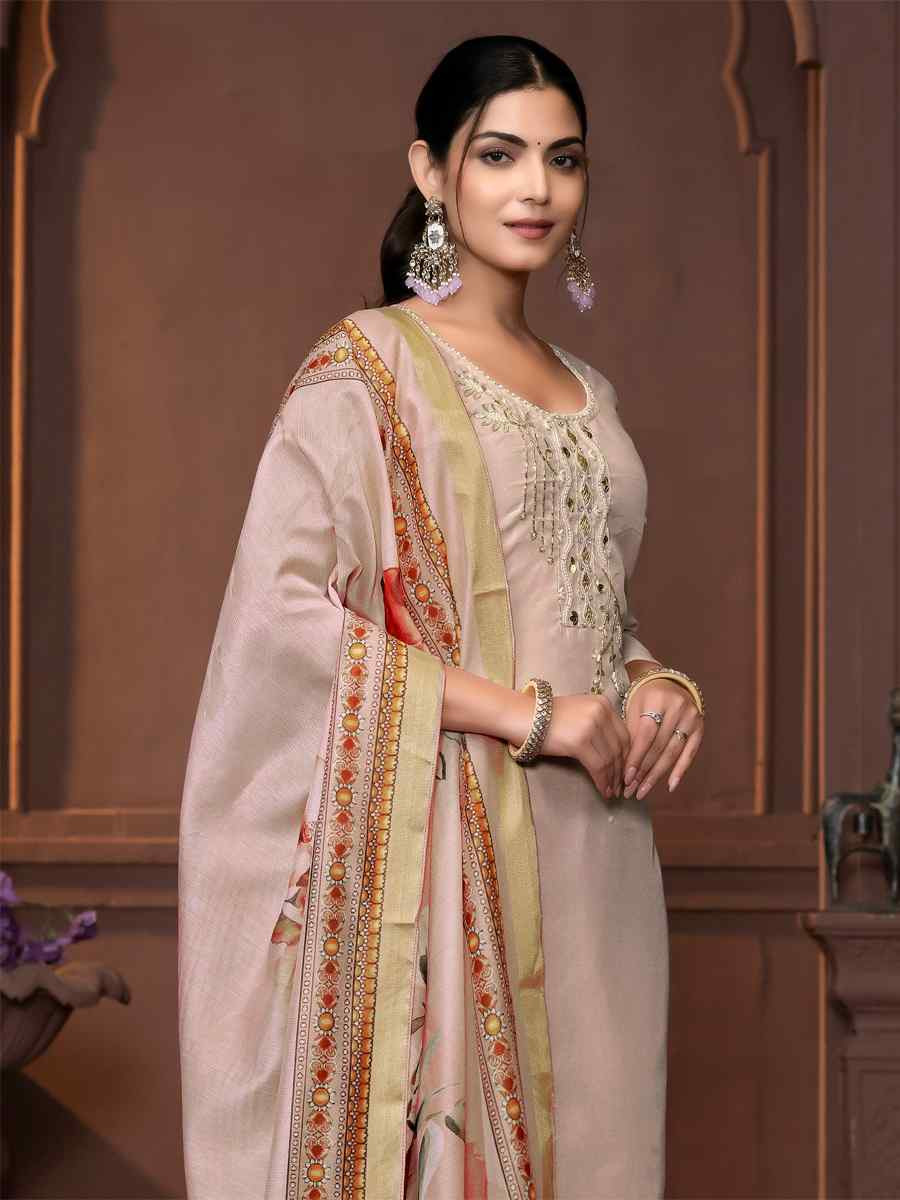 Beige Modal Cotton Embroidered Casual Festival Pant Salwar Kameez