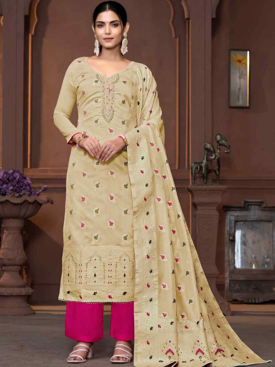 Beige Musline Banarasi Cotton Embroidered Casual Festival Pant Salwar Kameez