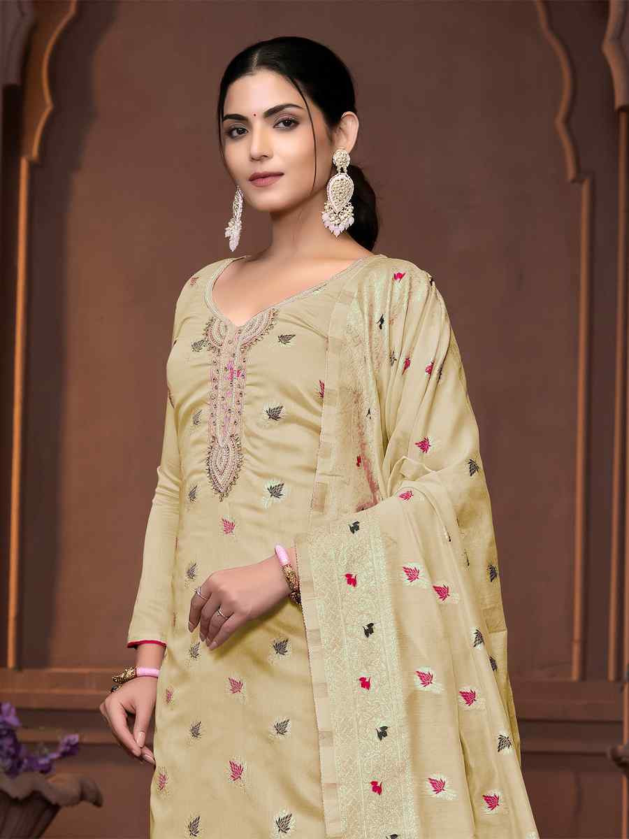 Beige Musline Banarasi Cotton Embroidered Casual Festival Pant Salwar Kameez