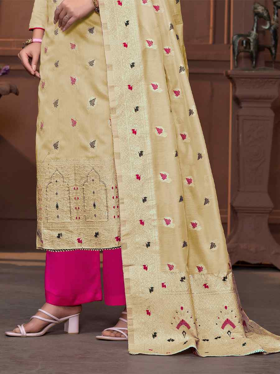 Beige Musline Banarasi Cotton Embroidered Casual Festival Pant Salwar Kameez