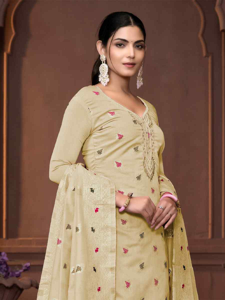 Beige Musline Banarasi Cotton Embroidered Casual Festival Pant Salwar Kameez