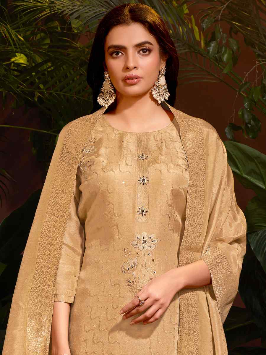 Beige Natural Viscose Embroidered Festival Mehendi Ready Pant Salwar Kameez