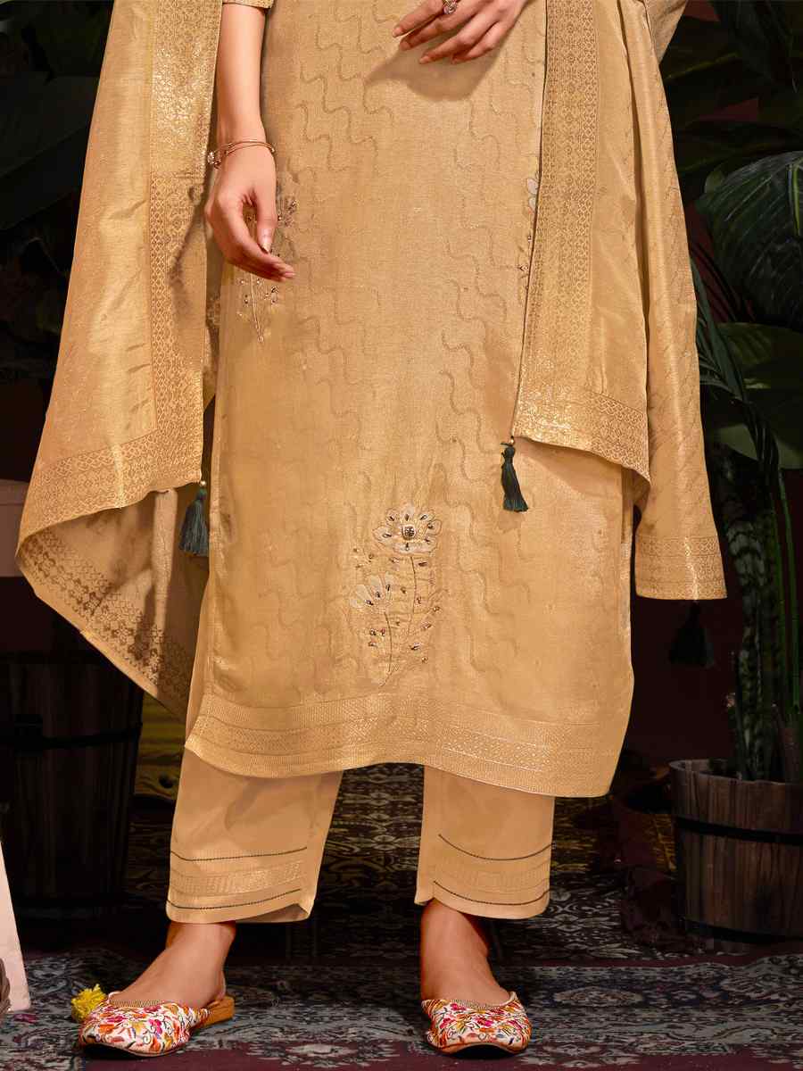 Beige Natural Viscose Embroidered Festival Mehendi Ready Pant Salwar Kameez