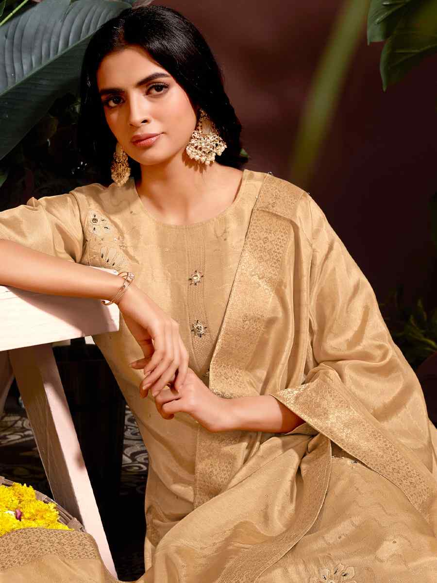 Beige Natural Viscose Embroidered Festival Mehendi Ready Pant Salwar Kameez