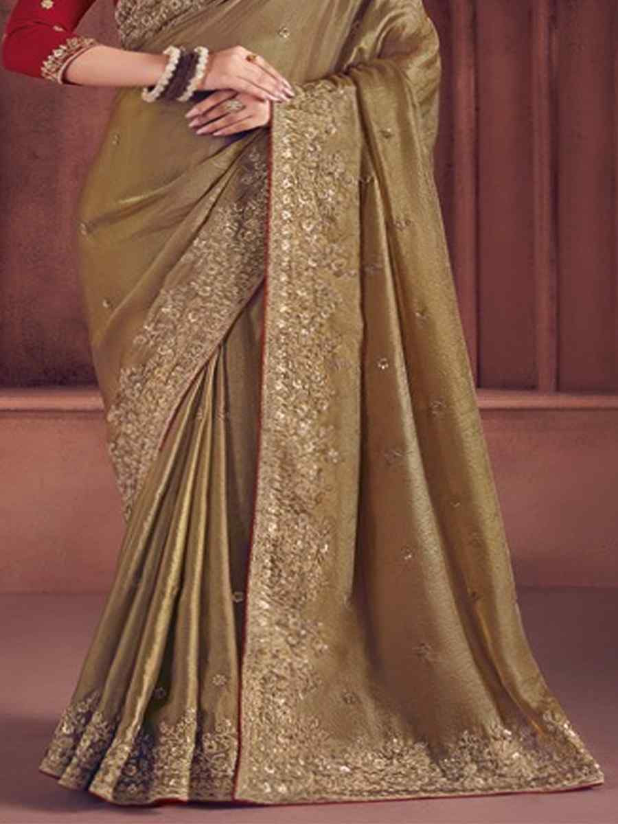 Beige Organza Embroidered Bridesmaid Wedding Heavy Border Saree