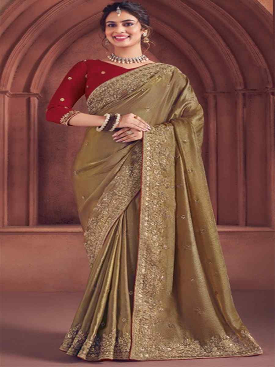 Beige Organza Embroidered Bridesmaid Wedding Heavy Border Saree