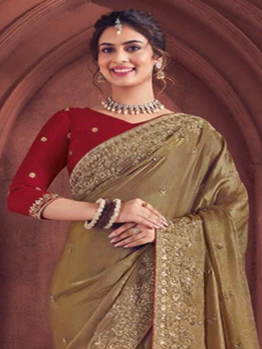 Beige Organza Embroidered Bridesmaid Wedding Heavy Border Saree